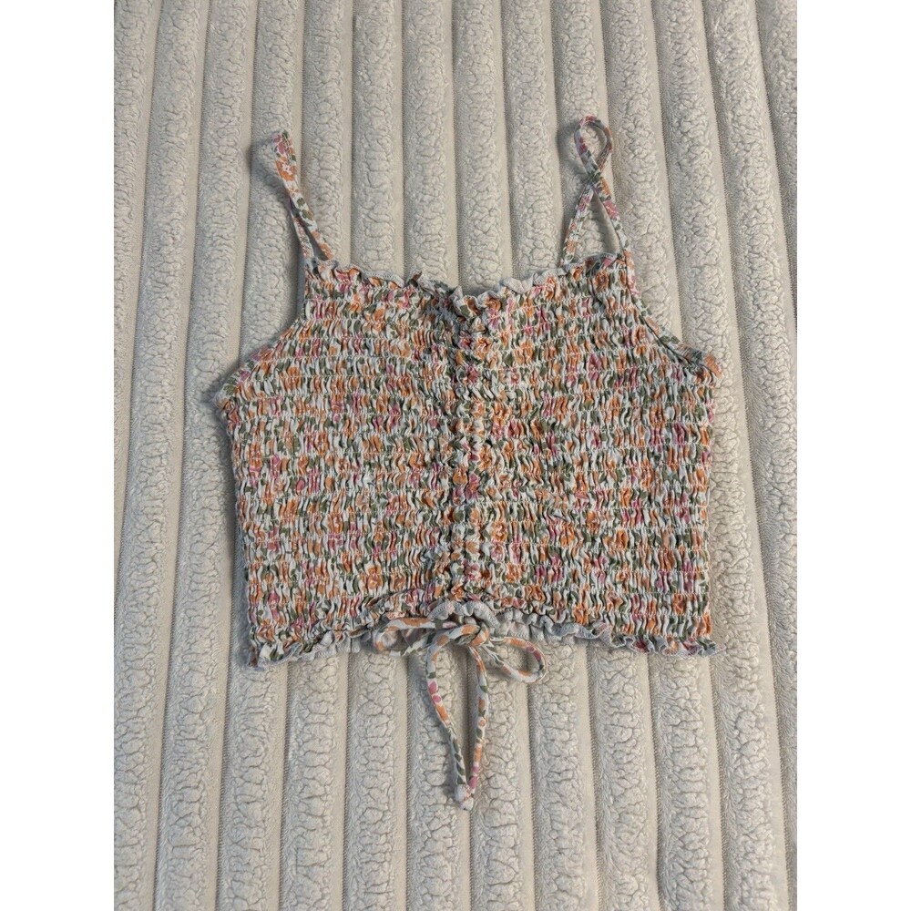 Aeropostale Cami Crop Top Women's Small Ditsy Floral Smocked Ruched Front Ruffle